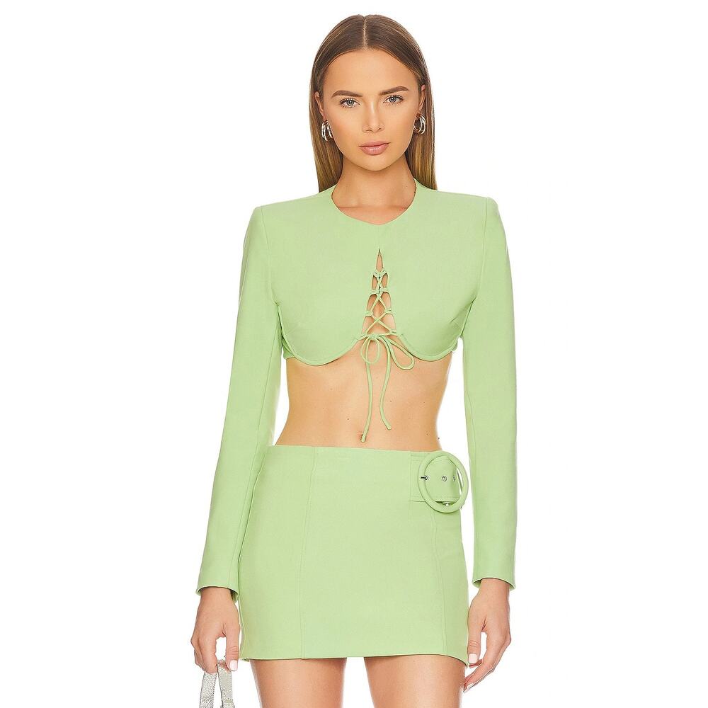 Camila Coelho Laken Crop Top Lace Up Front Long Sleeve Celery Green Size Small